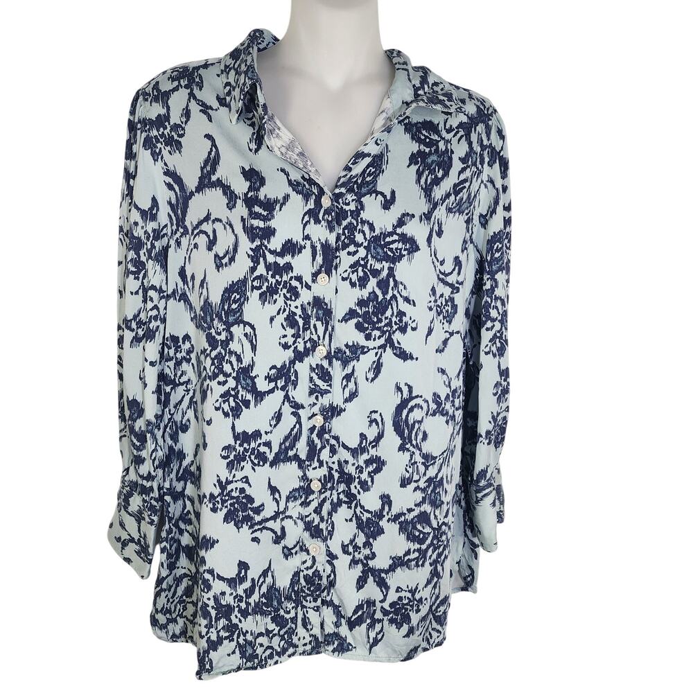Chico's Womens Shirt 8/10 Sandwashed Satin Ikat Floral Button Woven Long Sleeve